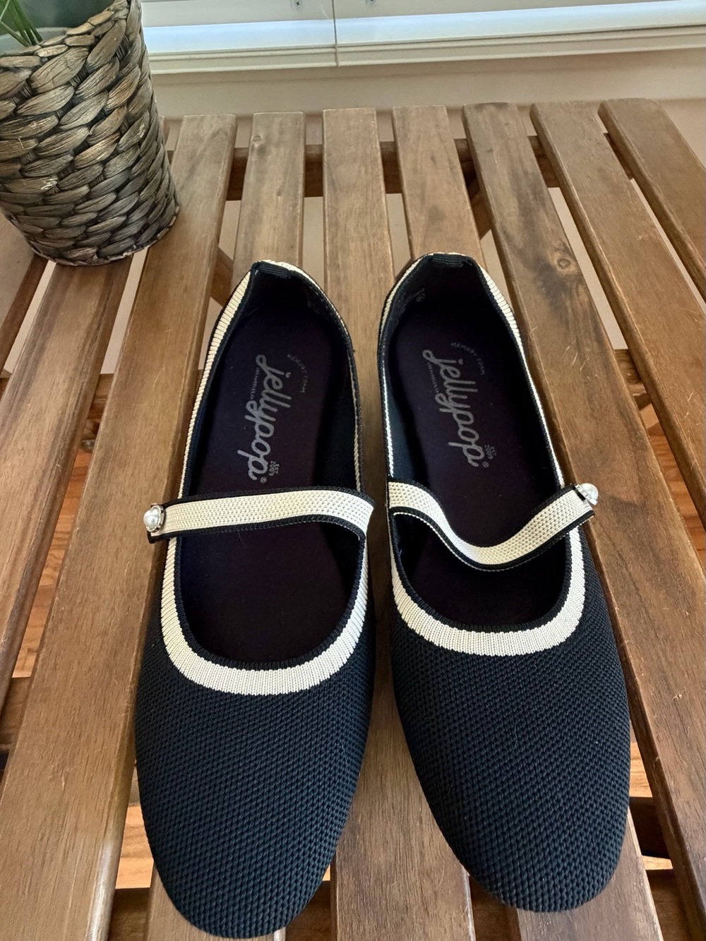 Jellypop Black Flats with Cream Trim Mary Jane Strap